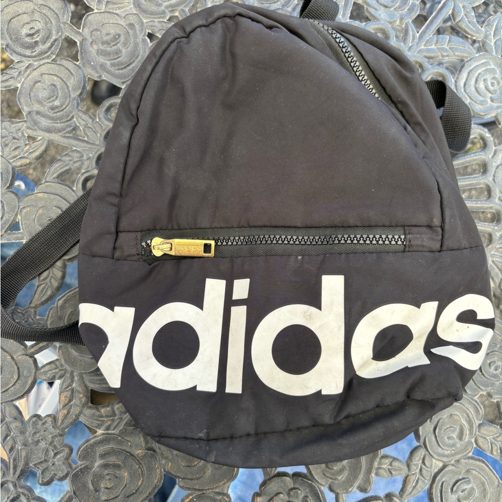 adidas Black Mini Backpack with White Logo and Gold Zipper